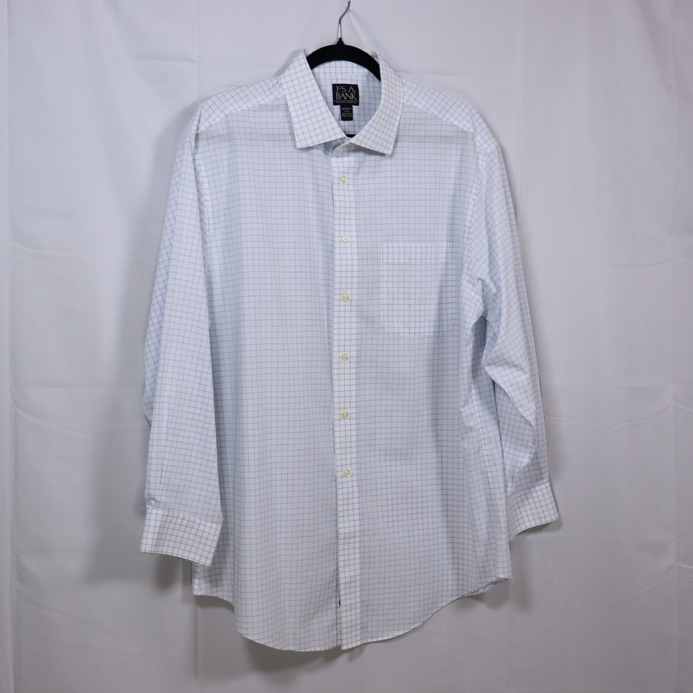 Jos. A. Bank Button Down 17-33 White Blue Mens Tailored Fit Check Dress Shirt
